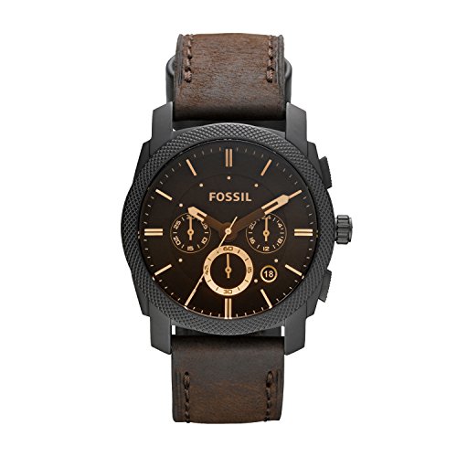 FOSSIL Machine / Montre chronographe homme en cuir brun - Grand cadran en acier inoxydable noir - Boîte de rangement et pile incluses