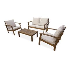 Salon de Jardin en Bois 4 Places – Ushuaïa – Coussins, canapé, fauteuils et Table Basse en Acacia, Design