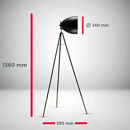 B.K Licht lampadaire LED vintage, lampe à pied design rétro, Ø abat-jour 24cm, métal noir doré, pour ampoule E27 LED ou halogène de 40W max, hauteur 136 cm