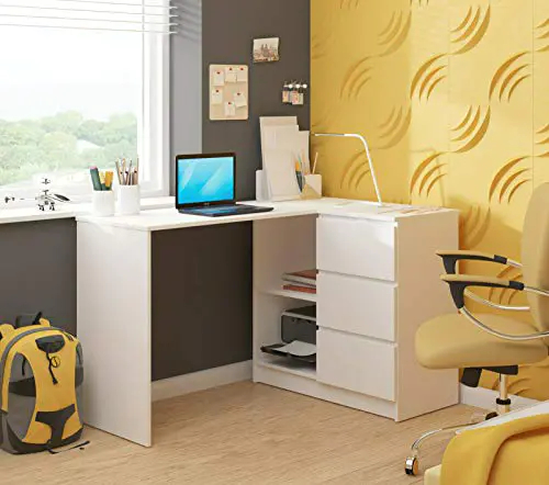Megaastore Bureau d’angle avec étagère et 3 tiroirs Blanc 7 Megaastore Bureau d'angle avec étagère et 3 tiroirs Blanc