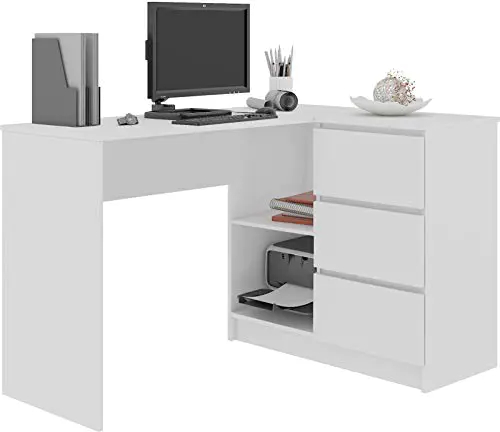Megaastore Bureau d’angle avec étagère et 3 tiroirs Blanc 3 Megaastore Bureau d'angle avec étagère et 3 tiroirs Blanc