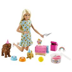 Barbie Famille coffret Anniversaire des Chiots avec poupée blonde, 2 figurines chiens, pâte à modeler et accessoires, jouet pour enfant, GXV75