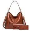 BestoU Sac a Main Femmes PU Cuir Sac à Bandoulière D'épaule Fourre-Tout Portefeuille 3pcs Set (Marron)