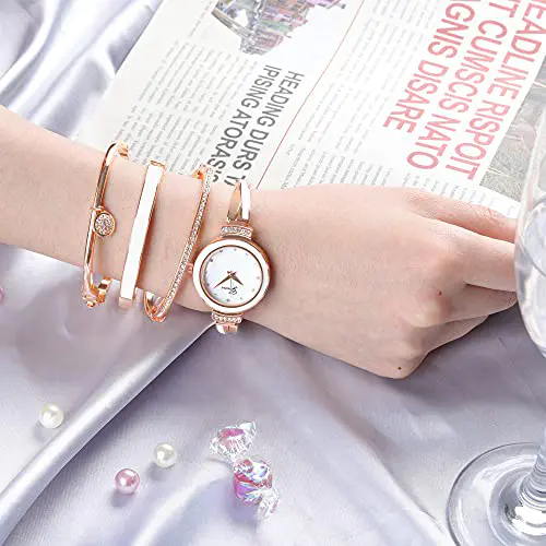 Clastyle Ensemble Montre Bracelet Femme Élégante Ensemble Montre Or Rose Strass avec 3 Bracelets Montres Céramique pour Femmes
