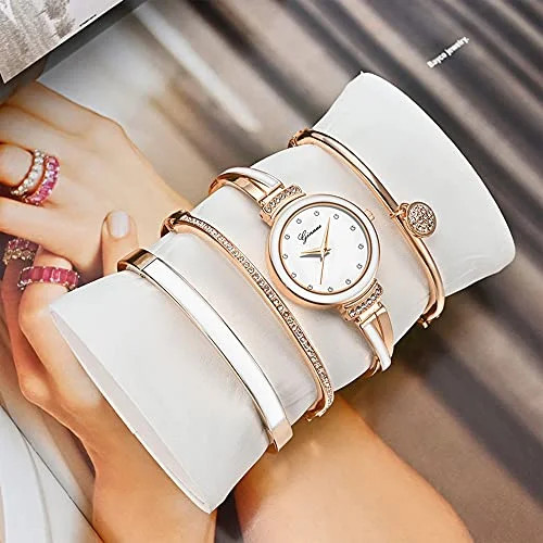 Clastyle Ensemble Montre Bracelet Femme Élégante Ensemble Montre Or Rose Strass avec 3 Bracelets Montres Céramique pour Femmes