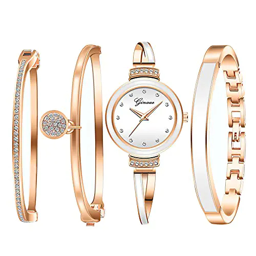 Clastyle Ensemble Montre Bracelet Femme Élégante Ensemble Montre Or Rose Strass avec 3 Bracelets Montres Céramique pour Femmes