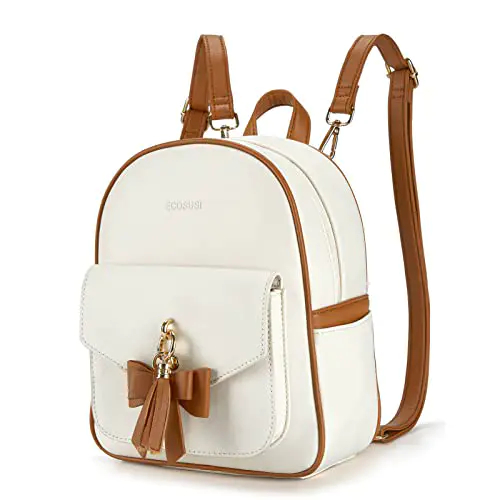ECOSUSI Petit Sac à Dos Sac à Main pour Femme Mignon en Cuir Bowknot Sac à Bandoulière pour Filles avec Pompon de Charme (Marron blanc)