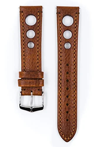 HIRSCH Bracelet montre Rallye M – cuir de buffle perforé – look sport automobile vintage – pour hommes et femmes – brun doré – 20 mm 7 HIRSCH Bracelet montre Rallye M - cuir de buffle perforé - look sport automobile vintage - pour hommes et femmes - brun doré - 20 mm