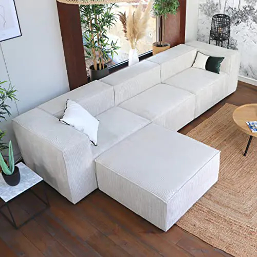 HOMIFAB Canapé d’angle modulable 5 Places en Velours côtelé Beige – Roma – Fabriqué en France 5 HOMIFAB Canapé d'angle modulable 5 Places en Velours côtelé Beige - Roma - Fabriqué en France