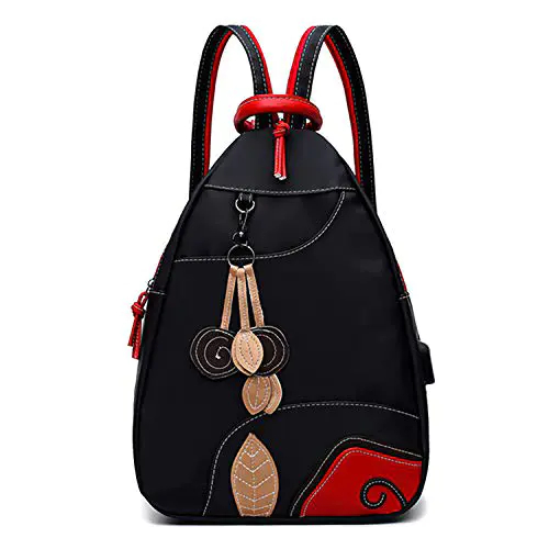 Jywmsc Femmes élégant Nylon Poids Léger Sac à Dos Sac d'épaule De Plein Air Sac de Poitrine avec Port de Charge USB (02 Noir,Taille Unique)