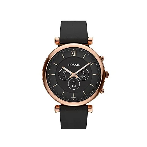 Montre Connectée Hybride Gen 6 Carlie de Fossil en Acier Inoxydable, Doré Rose, avec Bracelet en Cuir, Noir, pour Femme, FTW7079 Montre Connectée Hybride Gen 6 Carlie de Fossil en Acier Inoxydable, Doré Rose, avec Bracelet en Cuir, Noir, pour Femme, FTW7079