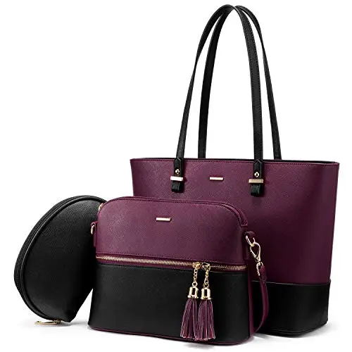 Sac a Main Femme Sac Bandouliere Sac élégant en PU Cuir Sacs Fourre-Tout Sacs Portés Main de 3 pièces (A-Noir violet) Sac a Main Femme Sac Bandouliere Sac élégant en PU Cuir Sacs Fourre-Tout Sacs Portés Main de 3 pièces (A-Noir violet)