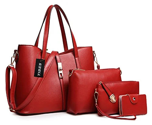 TIBES PU cuir sac à main + épaule de sac de femmes de la mode + porte-monnaie + carte 4pcs mis Vin rouge TIBES PU cuir sac à main + épaule de sac de femmes de la mode + porte-monnaie + carte 4pcs mis Vin rouge