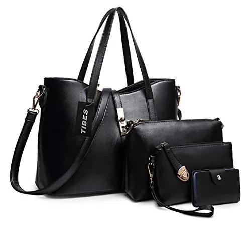 Tibes PU Cuir Sac à Main + épaule de Sac de Femmes de la Mode + Porte-Monnaie + Carte 4pcs mis Noir