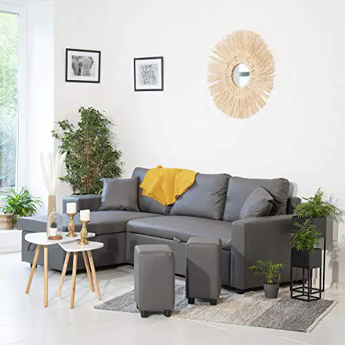 Happy Garden canapé d'angle Convertible Tony 3 Places en Simili Gris. Canapé avec méridienne réversible, Coffre de Rangement et poufs.