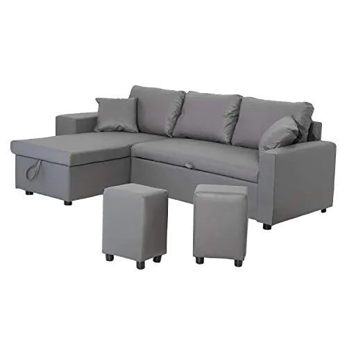 Happy Garden canapé d'angle Convertible Tony 3 Places en Simili Gris. Canapé avec méridienne réversible, Coffre de Rangement et poufs.
