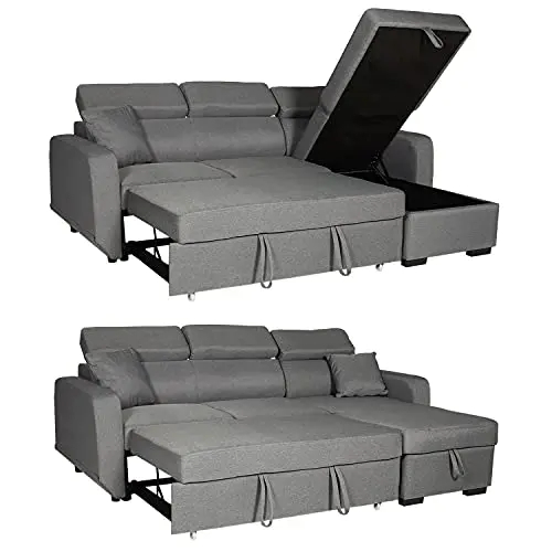 Happy Garden canapé d'angle Convertible Warren 3 Places en Tissu Gris. Canapé avec méridienne réversible, Appui-tête réglable et Coffre de Rangement.