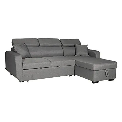 Happy Garden canapé d'angle Convertible Warren 3 Places en Tissu Gris. Canapé avec méridienne réversible, Appui-tête réglable et Coffre de Rangement.