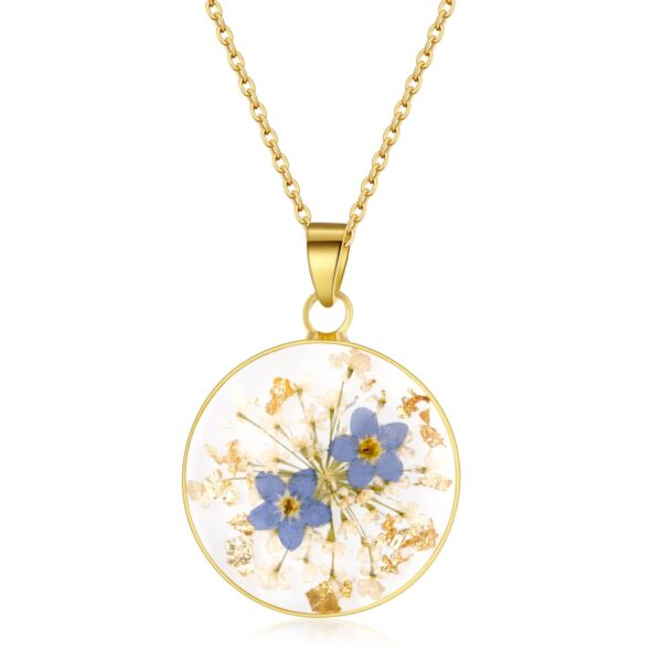 Collier de fleurs pressées en dentelle Myosotis et Queen Anne | Collier de fleurs pressées en or | Colliers personnalisés faits à la main pour femmes | Bijoux Myosotis | collier femme | 45 CM 3 Collier de fleurs pressées en dentelle Myosotis et Queen Anne | Collier de fleurs pressées en or | Colliers personnalisés faits à la main pour femmes | Bijoux Myosotis | collier femme | 45 CM
