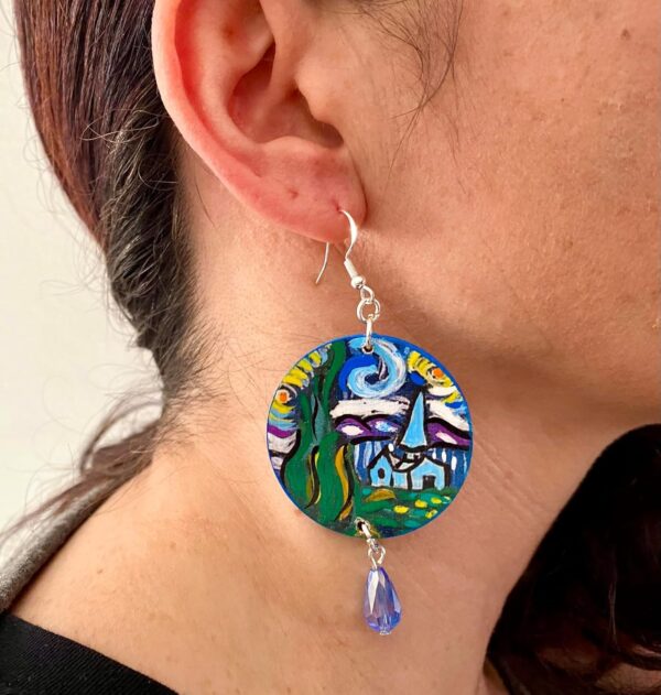 Boucles d'oreilles peintes à la main - LA NUIT ÉTOILÉE DE VINCENT VAN GOGH - Boucles d'oreilles pour femmes, Bijoux en bois peint, Crochet en argent, Made in Italy, Bijoux, Artisanat