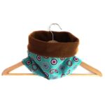 Snood écharpe col polaire marron et tissu turquoise coton imprimé réversible graphique bleu ronds et cercles pop hiver froid style mode femme cousu main en France 24