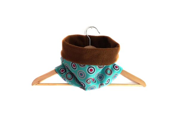 Snood écharpe col polaire marron et tissu turquoise coton imprimé réversible graphique bleu ronds et cercles pop hiver froid style mode femme cousu main en France
