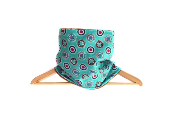 Snood écharpe col polaire marron et tissu turquoise coton imprimé réversible graphique bleu ronds et cercles pop hiver froid style mode femme cousu main en France