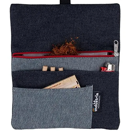 Blague à tabac en tissu Denim avec compartiments pour filtres, papier à rouler et briquet – Pochette pour sachet de tabac à rouler de 30-50 g (Fermeture rouge) 7 Blague à tabac en tissu Denim avec compartiments pour filtres, papier à rouler et briquet – Pochette pour sachet de tabac à rouler de 30-50 g (Fermeture rouge)