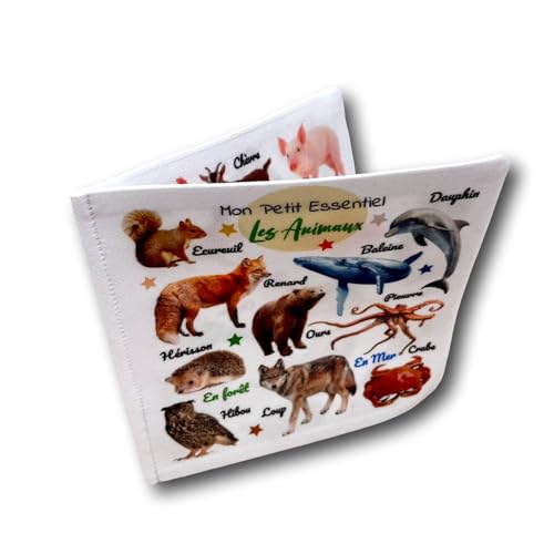 Lot de 4 Petits Livres d'éveil éducatifs en tissu imagier photo gamme "Petit Essentiel", thème Animaux, Transports, Repas, Couleurs