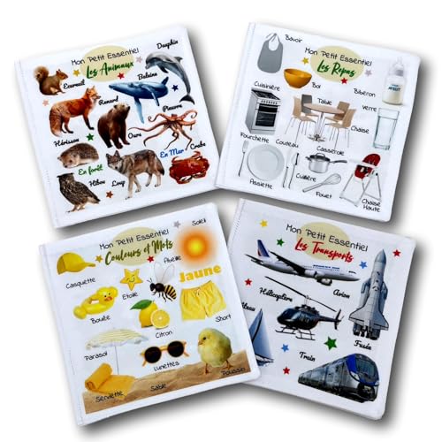 Lot de 4 Petits Livres d'éveil éducatifs en tissu imagier photo gamme "Petit Essentiel", thème Animaux, Transports, Repas, Couleurs