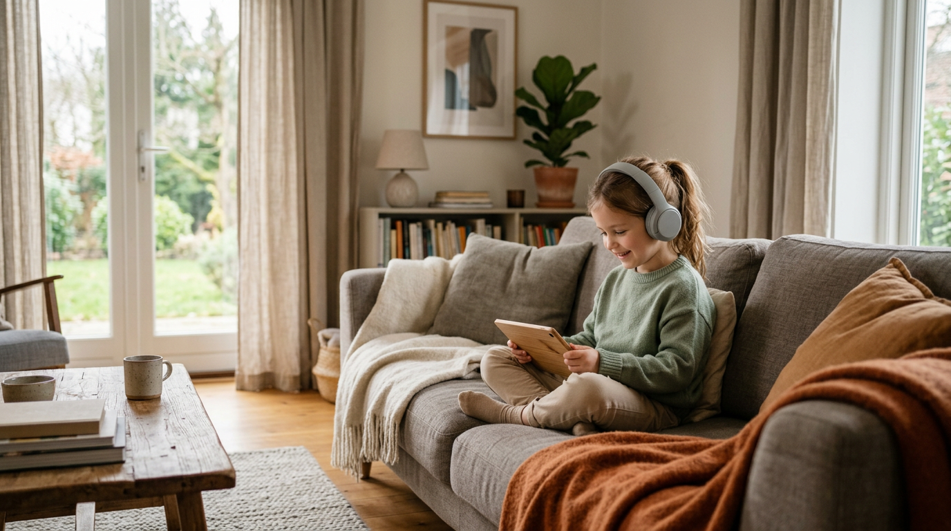 Enfant portant un casque audio sans fil dans un salon lumineux