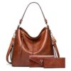 BestoU Sac a Main Femmes PU Cuir Sac à Bandoulière D&rsquo;épaule Fourre-Tout Portefeuille 3pcs Set (Marron) 11