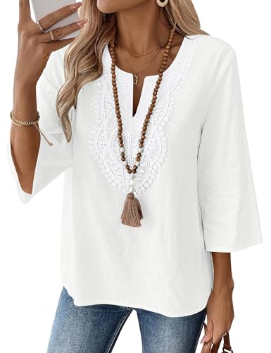 Chemisier coton-lin col V dentelle blanc femme Rapbin Chemisier coton-lin col V dentelle blanc femme Rapbin