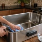 Nettoyage de friteuse en cuisine Personne nettoyant la cuve d'une friteuse électrique dans sa cuisine