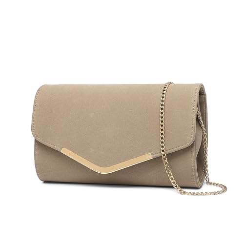 Pochette Soirée Beige Effet Daim Chaîne Dorée MISS LULU