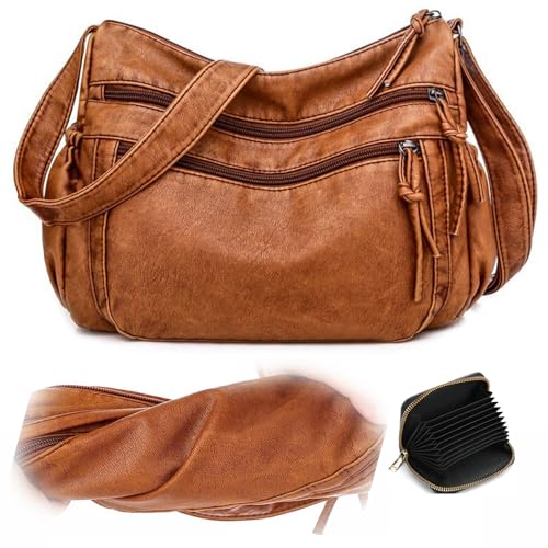Sac bandoulière cuir souple multi-poches marron HATELLY