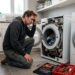 Personne inspectant un lave-linge en panne dans une buanderie moderne