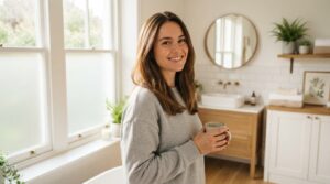 Femme aux cheveux sains et équilibrés après une routine capillaire adaptée
