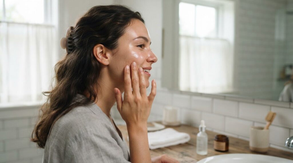 Femme applique un soin léger pour peau grasse Femme appliquant un soin gel léger sur une peau à tendance grasse devant un miroir de salle de bain