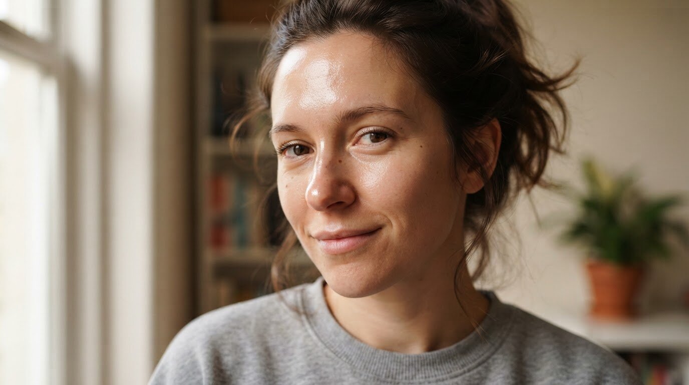 Zone T brillante sur une peau mixte à grasse Gros plan sur le visage montrant une brillance concentrée sur la zone T typique d'une peau mixte à grasse