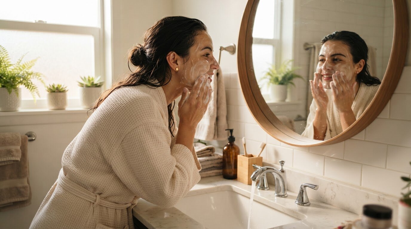 Nettoyage doux du visage le matin Femme réalisant un nettoyage doux du visage le matin dans le cadre d'une routine pour peau grasse