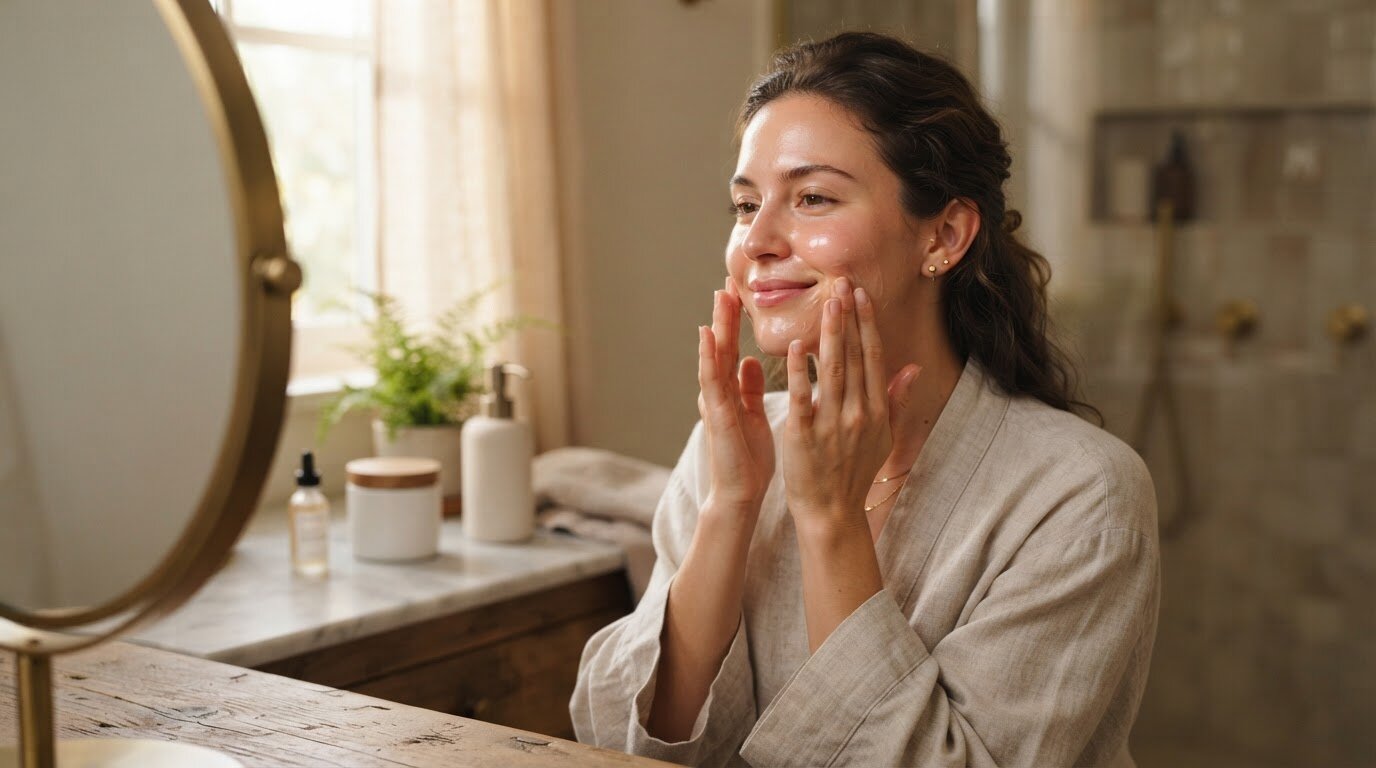 Application d'un hydratant léger sur peau grasse Femme appliquant une texture hydratante légère malgré une peau à tendance grasse