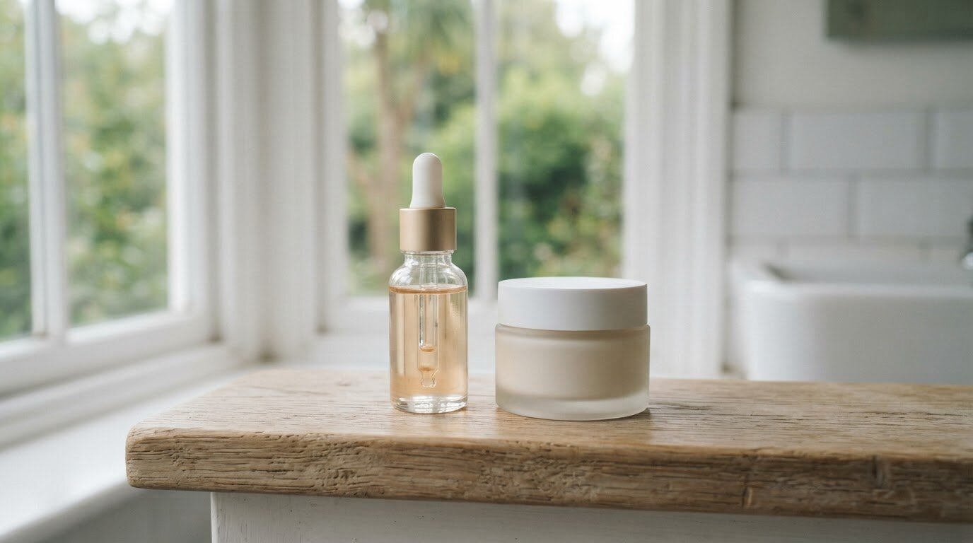 Sérum ciblé et crème dans une routine anti-imperfections Flacon de sérum et pot de crème posés sur une étagère, illustrant l'introduction progressive d'un actif ciblé