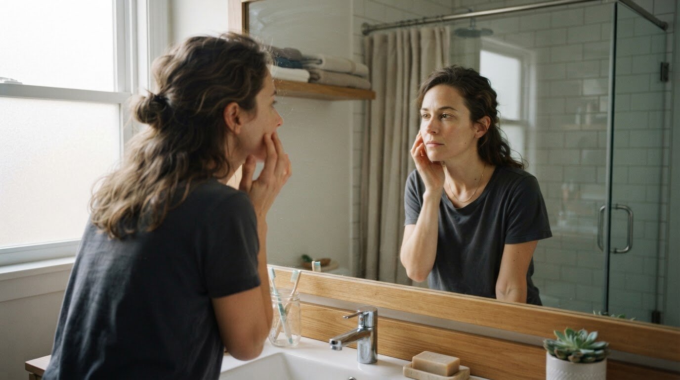Observer sa peau avant de corriger sa routine Femme observant sa peau dans un miroir pour repérer les erreurs à corriger dans sa routine anti-brillance