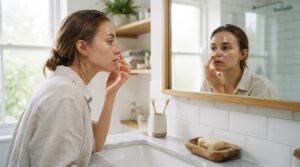 Jeune femme observant sa zone T brillante devant le miroir près d'un savon solide
