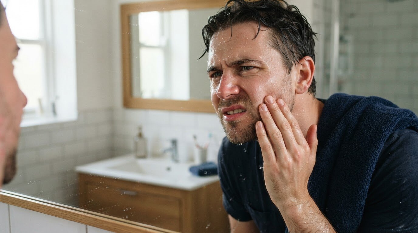 Peau qui tiraille après un savon décapant Homme touchant sa joue qui tiraille après un lavage du visage au savon