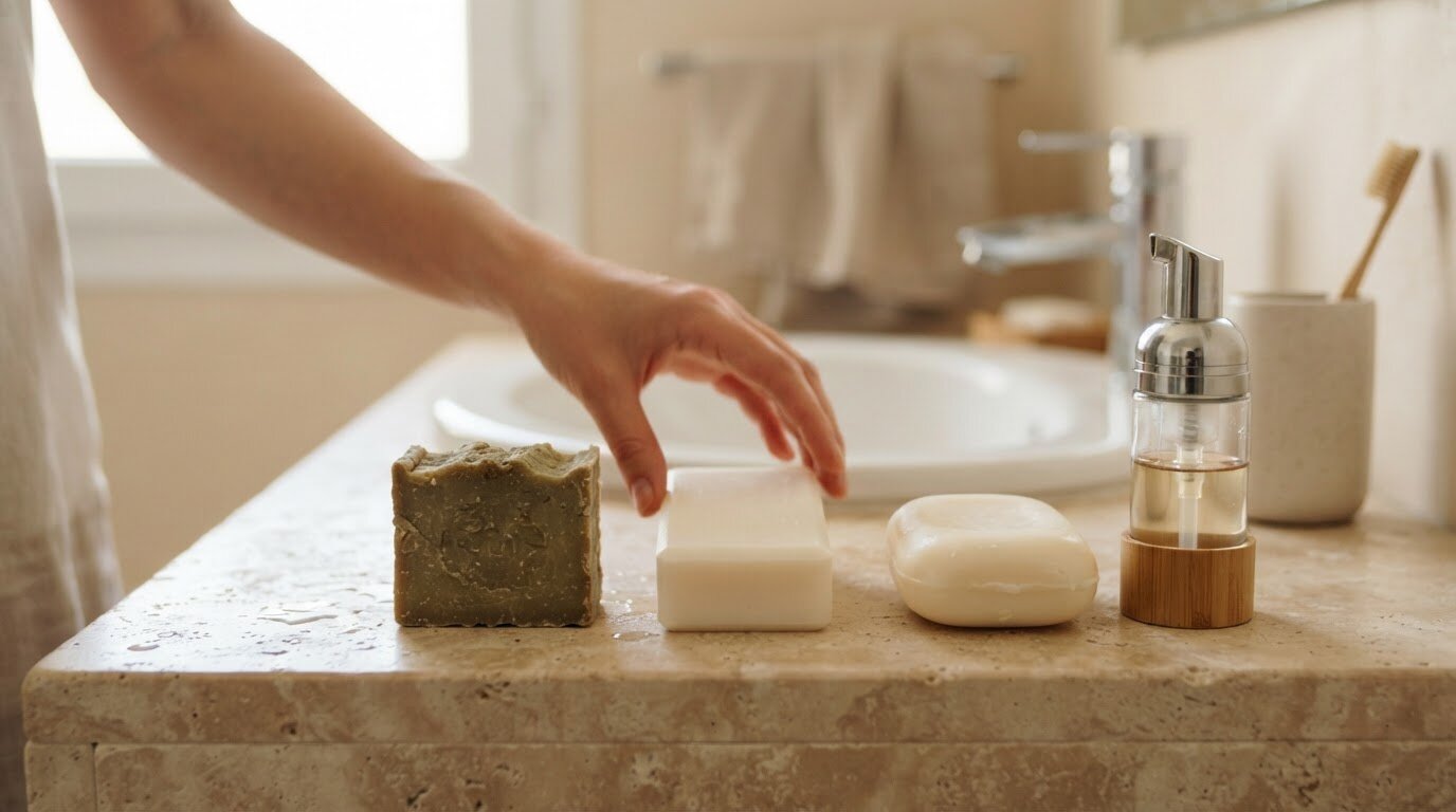 Savon classique, surgras et pain sans savon Trois pains lavants différents comparés sur un plan de toilette pour peau grasse