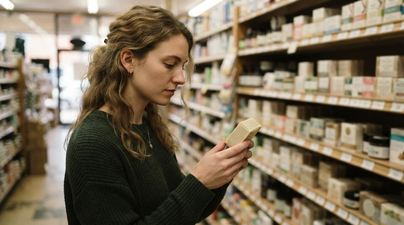 Lire la liste INCI d'un savon Femme lisant la composition au dos d'une boîte de savon en pharmacie