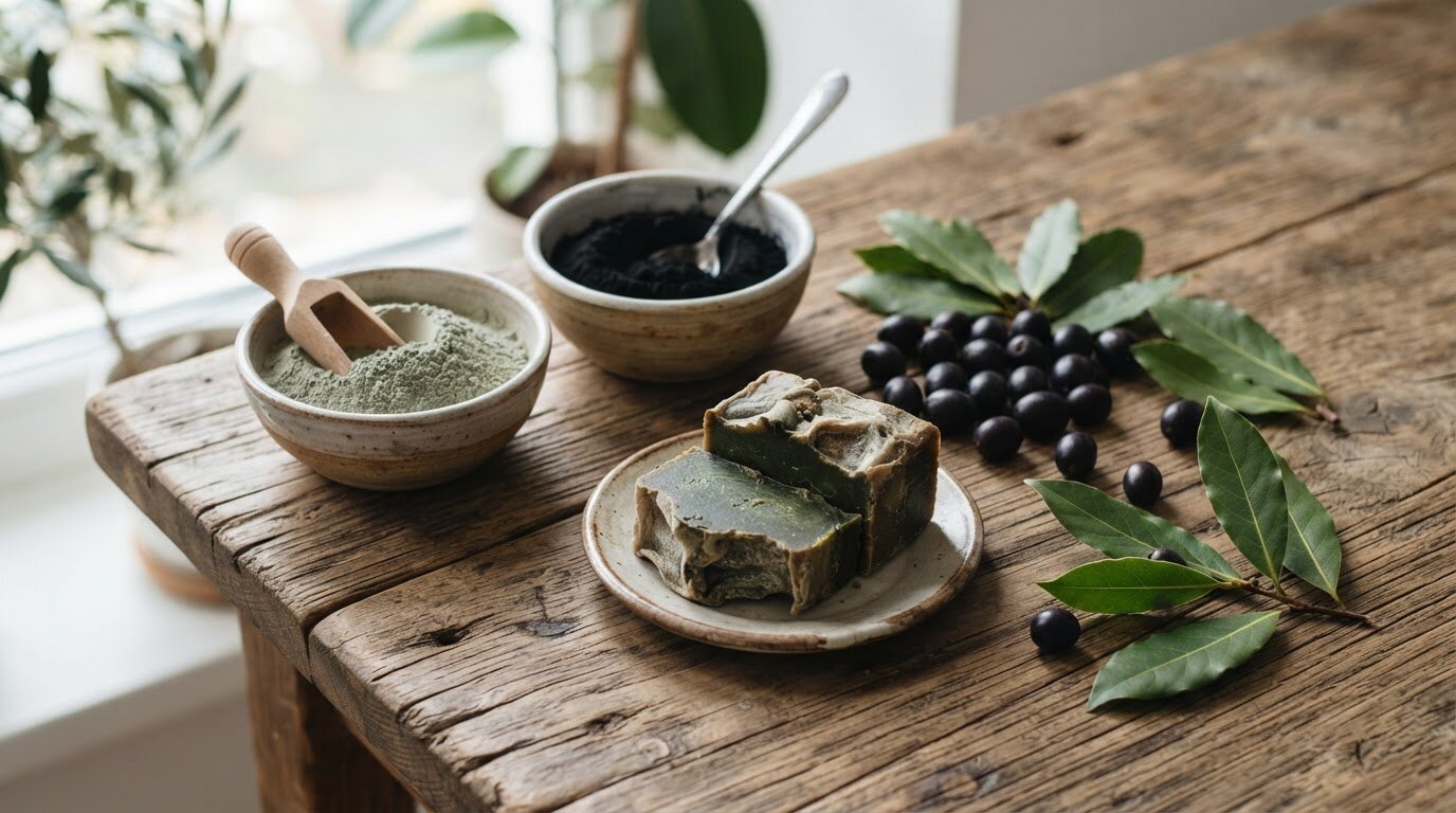 Argile, charbon et laurier pour peau grasse Argile verte, charbon végétal et baies de laurier, actifs des savons pour peau grasse