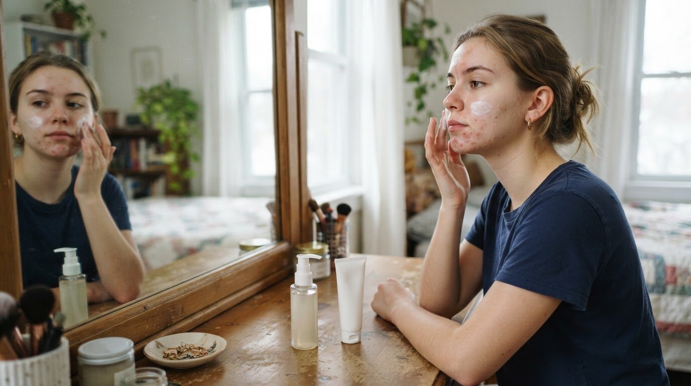 Nettoyant doux pour peau acnéique sous traitement Jeune femme à la peau acnéique appliquant un soin hydratant après un nettoyant doux